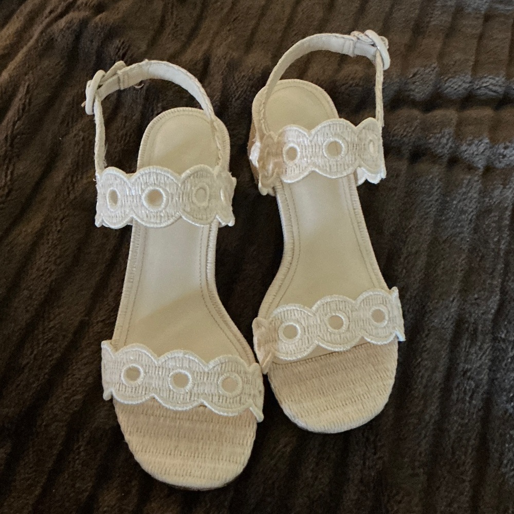 Larroude Cream Scalloped Strap Sandals
